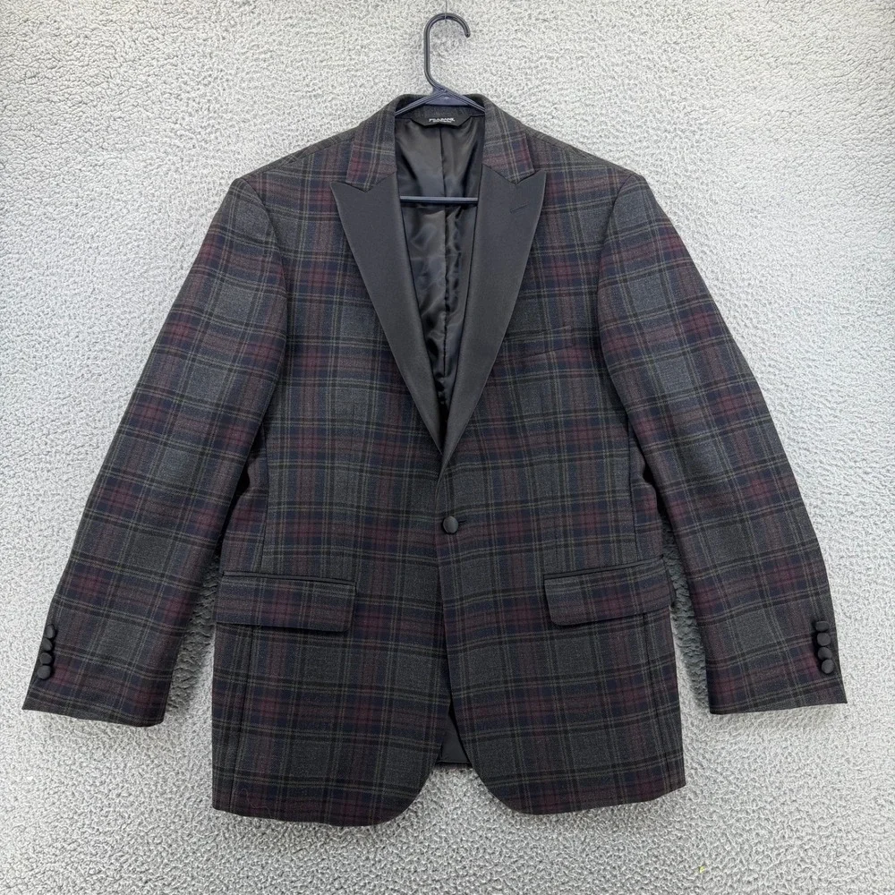 NEW Jos A Bank Plaid Tuxedo Dinner Jacket Satin Peak Lapel Burgundy Gray Men 42R
